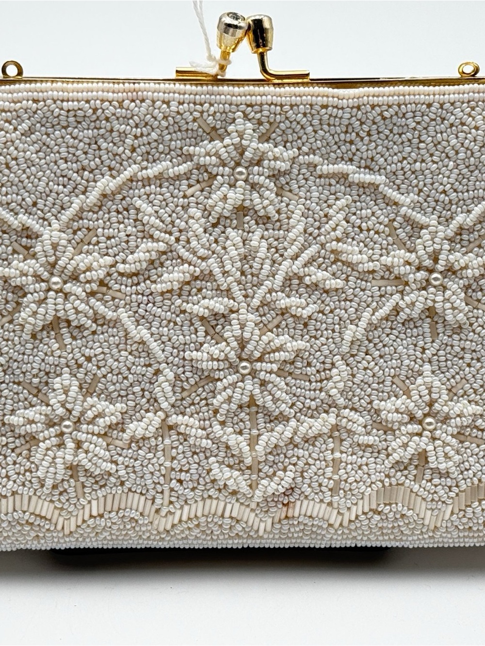 Vintage 1950s Hong Kong Hand Beaded White Floral Evening Bag Purse
